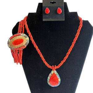 NECKLACE Earing Bracelet Set Gorgeous Red Orange Color